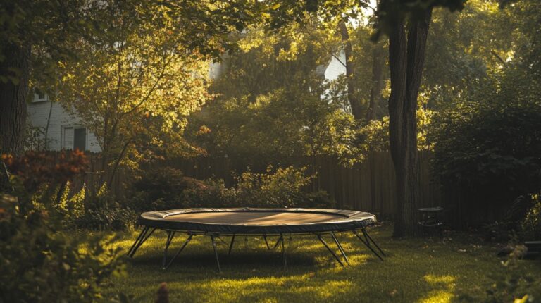 A round trampoline set in a lush, sunlit backyard surrounded by trees and plants