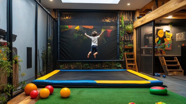 Young boy mid-air while jumping on a large rectangular indoor trampoline in a vibrant, plant-filled playroom with colorful balls scattered around